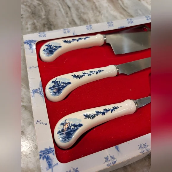 Delft Blue Amsterdam Holland Elesva Windmill Porcelain handle Set - Picture 3 of 6